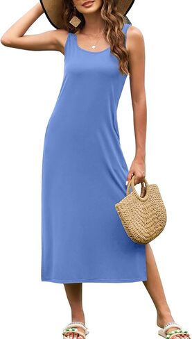 Naggoo Women's Sleevelee Tank Dress Midi Summer Casual Scoop Neck Basic Split Maxi Tshirt Sundresses with Pockets in Saudi Arabia