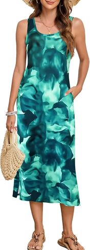 Naggoo Women's Sleevelee Tank Dress Midi Summer Casual Scoop Neck Basic Split Maxi Tshirt Sundresses with Pockets in Saudi Arabia