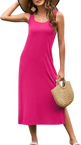 Naggoo Women's Sleevelee Tank Dress Midi Summer Casual Scoop Neck Basic Split Maxi Tshirt Sundresses with Pockets in Saudi Arabia