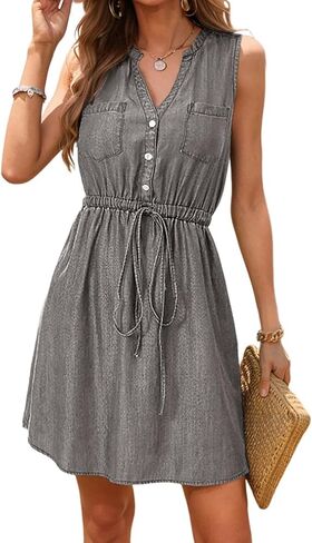 Dokotoo Womens Summer 2026 V Neck Sleeveless Button Down Lightweight Casual Jean Dress Drawstring Short Dress in Saudi Arabia
