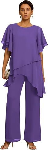 Short Sleeves Mother of the Bride Pant Suits for Wedding Chiffon Scoop Neck Wedding Guest Party Formal Outfit in Kuwait