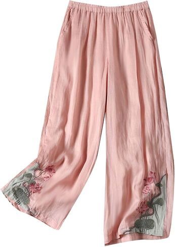 Wide Leg Palazzo Pants for Women Cotton Linen Floral Embroidered Gaucho Pants Elastic Waist Summer Culottes in Saudi Arabia