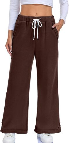 WOWULOVELY Womens Baggy Wide Leg Pants Casual Loose Seams Drawstring Elastic Waisted Lounge Trousers with Pockets in Kuwait