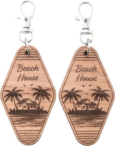 ميدالية مفاتيح بيت العطلة - قطعتين - ميدالية مفاتيح خشبية محفورة بالليزر - هدية منزل صغير (بيت الشاطئ) in Kuwait