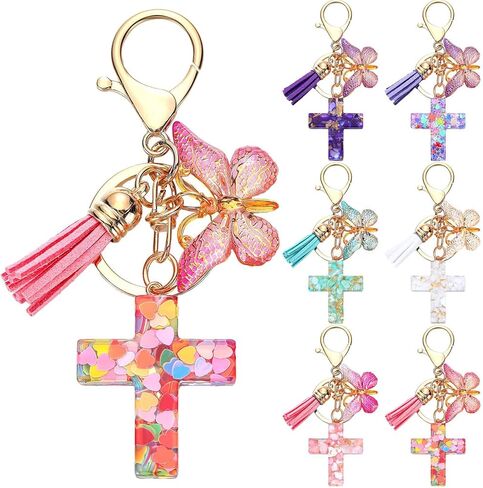 12 قطعة الإيمان المسيحي الصليب المفاتيح للنساء شرابة عقد بحلية متدلية على شكل فراشة حلقات المفاتيح لمحفظة حقائب النساء الهدايا in Kuwait