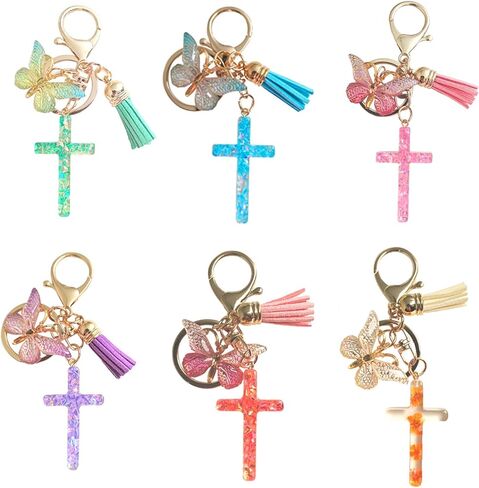 12 قطعة الإيمان المسيحي الصليب المفاتيح للنساء شرابة عقد بحلية متدلية على شكل فراشة حلقات المفاتيح لمحفظة حقائب النساء الهدايا in Kuwait