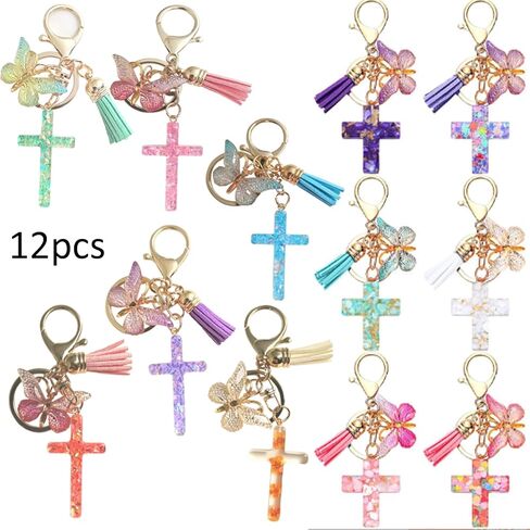 12 قطعة الإيمان المسيحي الصليب المفاتيح للنساء شرابة عقد بحلية متدلية على شكل فراشة حلقات المفاتيح لمحفظة حقائب النساء الهدايا in Kuwait