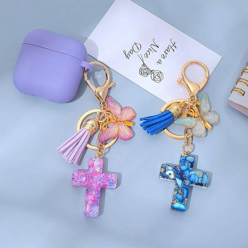 12 قطعة الإيمان المسيحي الصليب المفاتيح للنساء شرابة عقد بحلية متدلية على شكل فراشة حلقات المفاتيح لمحفظة حقائب النساء الهدايا in Kuwait