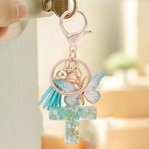 12 قطعة الإيمان المسيحي الصليب المفاتيح للنساء شرابة عقد بحلية متدلية على شكل فراشة حلقات المفاتيح لمحفظة حقائب النساء الهدايا in Kuwait