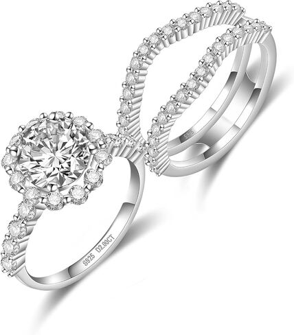 مجموعات خواتم الزفاف المويسانتي للنساء، قطع دائري 3.37 CTTW (2CT مركز) خواتم الخطبة خاتم الزفاف، D اللون VVS1 S925 الفضة الاسترليني مع 18 قيراط مطلي بالذهب الأبيض، مجموعة خواتم الزفاف الوعد in Kuwait