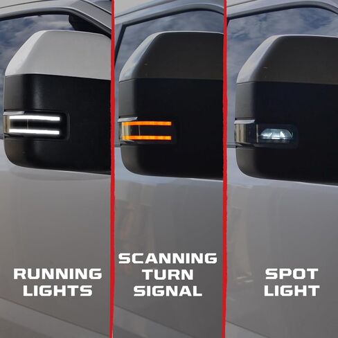 RECON - Fits Ford 17-22 Super Duty (F250, F350, F450) Smoked Side Mirror Lenses with LED White Running Lights, Spotlight, Scanning Amber Turn Signals - Smoked Lens in Saudi Arabia