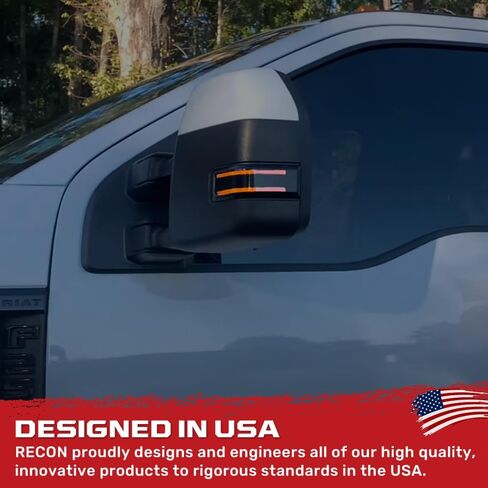 RECON - Fits Ford 17-22 Super Duty (F250, F350, F450) Smoked Side Mirror Lenses with LED White Running Lights, Spotlight, Scanning Amber Turn Signals - Smoked Lens in Saudi Arabia