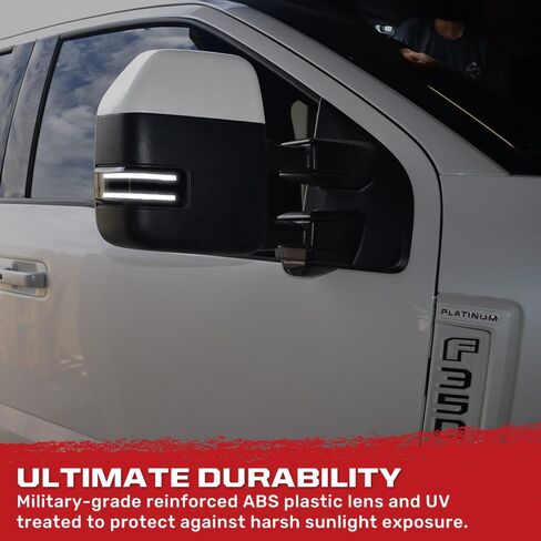 RECON - Fits Ford 17-22 Super Duty (F250, F350, F450) Smoked Side Mirror Lenses with LED White Running Lights, Spotlight, Scanning Amber Turn Signals - Smoked Lens in Saudi Arabia