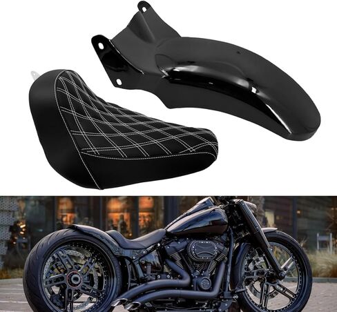 HDBUBALUS Motorcycle Rear Fender + Solo Seat Short Mudguard with Tail Turn Signal Brake Light Kit Fit for Harley Softail Fat Boy FXBRS 2018-2023 (White Thread) in Saudi Arabia