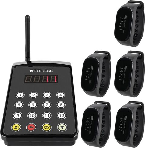 Retekess TD154 جهاز استدعاء المطاعم للخوادم، نظام استدعاء النادلة، 1312 قدم، IPX7 مقاوم للماء، 3 أوضاع تشغيل، 5 أجهزة استقبال للساعات للفندق، المطبخ، البار in Saudi Arabia
