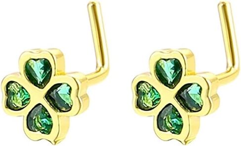2Pcs 20G CZ Four Leaf Clover Nose Studs Rings for Women Gold Silver L-Shaped Surgical Steel Nose Stud Ring ST Patricks Day Nose Nostril Piercing Jewelry in Kuwait