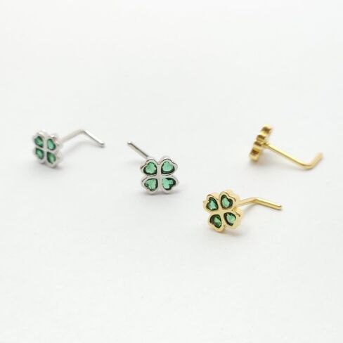 2Pcs 20G CZ Four Leaf Clover Nose Studs Rings for Women Gold Silver L-Shaped Surgical Steel Nose Stud Ring ST Patricks Day Nose Nostril Piercing Jewelry in Kuwait