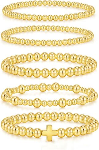 shownii Gold Bracelets for Women, Gold Stretch Beaded Bracelet 14K Gold Plated Bracelets Stackable Strand Bead Ball Bracelet Stack Adjustable Bracelets Set Gifts in Saudi Arabia