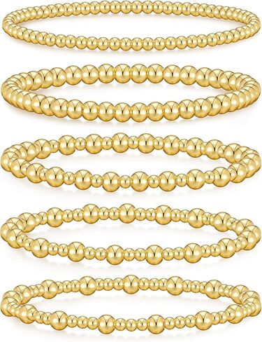 shownii Gold Bracelets for Women, Gold Stretch Beaded Bracelet 14K Gold Plated Bracelets Stackable Strand Bead Ball Bracelet Stack Adjustable Bracelets Set Gifts in Kuwait