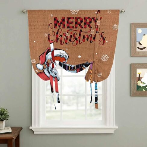 Red Santa Christmas Tie Up Curtains for Window, Gifts Xmas Snowflake Winter Thermal Insulated Balloon Shade Adjustable Rod Pocket Curtains Valance Panels for Kitchen Bathroom Café 46'' x 63'' in Saudi Arabia