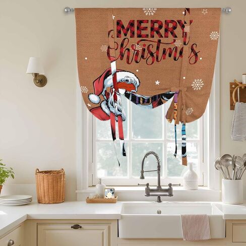 Red Santa Christmas Tie Up Curtains for Window, Gifts Xmas Snowflake Winter Thermal Insulated Balloon Shade Adjustable Rod Pocket Curtains Valance Panels for Kitchen Bathroom Café 46'' x 63'' in Saudi Arabia