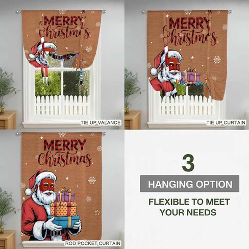 Red Santa Christmas Tie Up Curtains for Window, Gifts Xmas Snowflake Winter Thermal Insulated Balloon Shade Adjustable Rod Pocket Curtains Valance Panels for Kitchen Bathroom Café 46'' x 63'' in Saudi Arabia