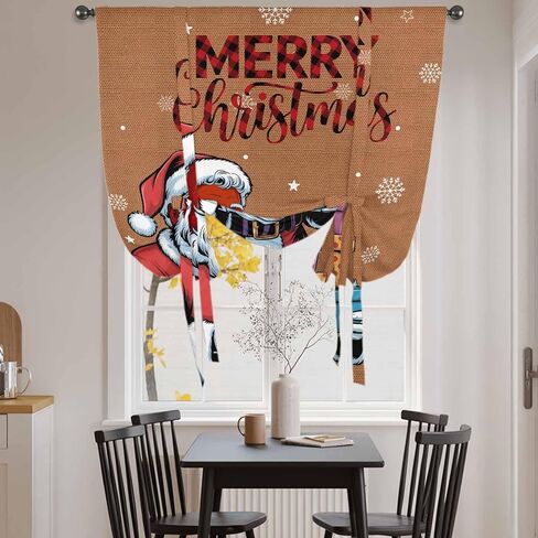 Red Santa Christmas Tie Up Curtains for Window, Gifts Xmas Snowflake Winter Thermal Insulated Balloon Shade Adjustable Rod Pocket Curtains Valance Panels for Kitchen Bathroom Café 46'' x 63'' in Saudi Arabia