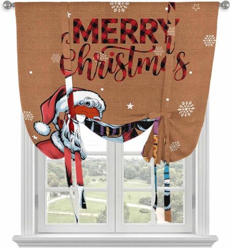 Red Santa Christmas Tie Up Curtains for Window, Gifts Xmas Snowflake Winter Thermal Insulated Balloon Shade Adjustable Rod Pocket Curtains Valance Panels for Kitchen Bathroom Café 46'' x 63'' in Saudi Arabia