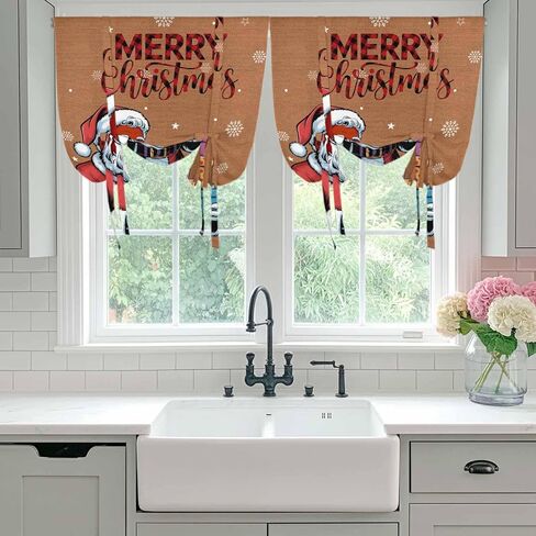 Red Santa Christmas Tie Up Curtains for Window, Gifts Xmas Snowflake Winter Thermal Insulated Balloon Shade Adjustable Rod Pocket Curtains Valance Panels for Kitchen Bathroom Café 46'' x 63'' in Saudi Arabia