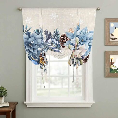 Blue Christmas Poinsettia Tie Up Curtains for Window, Xmas Botanical Balls Snowflake Rustic Thermal Balloon Shade Adjustable Rod Pocket Curtains Valance Panels for Kitchen Bathroom Café 42'' x 45'' in Saudi Arabia