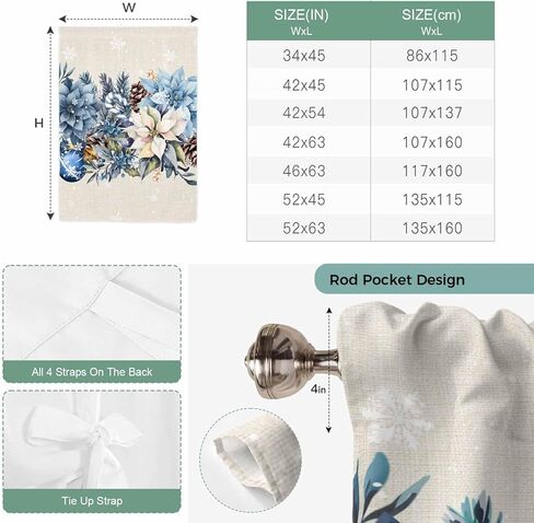 Blue Christmas Poinsettia Tie Up Curtains for Window, Xmas Botanical Balls Snowflake Rustic Thermal Balloon Shade Adjustable Rod Pocket Curtains Valance Panels for Kitchen Bathroom Café 42'' x 45'' in Saudi Arabia