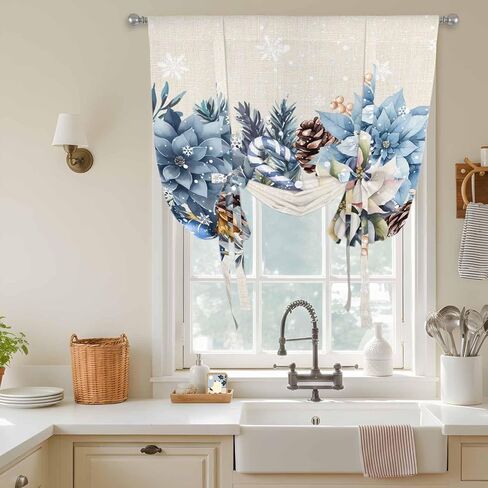 Blue Christmas Poinsettia Tie Up Curtains for Window, Xmas Botanical Balls Snowflake Rustic Thermal Balloon Shade Adjustable Rod Pocket Curtains Valance Panels for Kitchen Bathroom Café 42'' x 45'' in Saudi Arabia