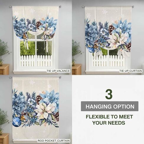 Blue Christmas Poinsettia Tie Up Curtains for Window, Xmas Botanical Balls Snowflake Rustic Thermal Balloon Shade Adjustable Rod Pocket Curtains Valance Panels for Kitchen Bathroom Café 42'' x 45'' in Saudi Arabia