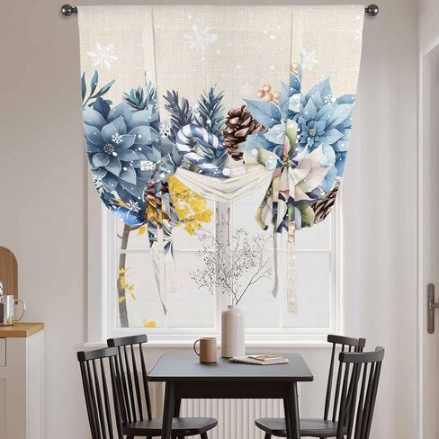 Blue Christmas Poinsettia Tie Up Curtains for Window, Xmas Botanical Balls Snowflake Rustic Thermal Balloon Shade Adjustable Rod Pocket Curtains Valance Panels for Kitchen Bathroom Café 42'' x 45'' in Saudi Arabia