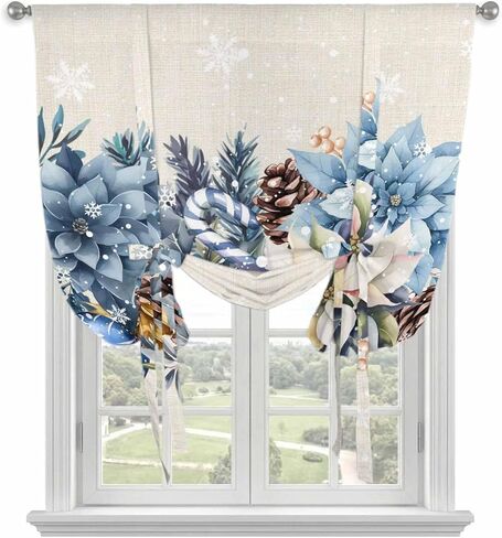 Blue Christmas Poinsettia Tie Up Curtains for Window, Xmas Botanical Balls Snowflake Rustic Thermal Balloon Shade Adjustable Rod Pocket Curtains Valance Panels for Kitchen Bathroom Café 42'' x 45'' in Saudi Arabia