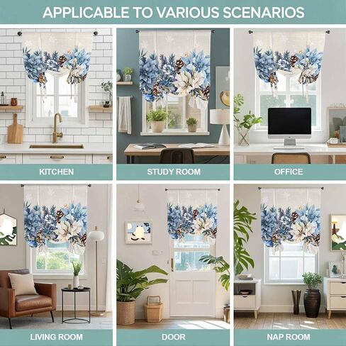 Blue Christmas Poinsettia Tie Up Curtains for Window, Xmas Botanical Balls Snowflake Rustic Thermal Balloon Shade Adjustable Rod Pocket Curtains Valance Panels for Kitchen Bathroom Café 42'' x 45'' in Saudi Arabia