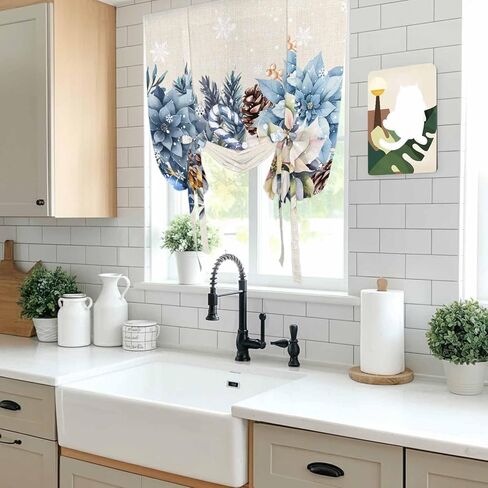 Blue Christmas Poinsettia Tie Up Curtains for Window, Xmas Botanical Balls Snowflake Rustic Thermal Balloon Shade Adjustable Rod Pocket Curtains Valance Panels for Kitchen Bathroom Café 42'' x 45'' in Saudi Arabia