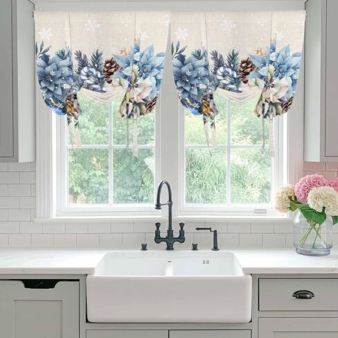 Blue Christmas Poinsettia Tie Up Curtains for Window, Xmas Botanical Balls Snowflake Rustic Thermal Balloon Shade Adjustable Rod Pocket Curtains Valance Panels for Kitchen Bathroom Café 42'' x 45'' in Saudi Arabia
