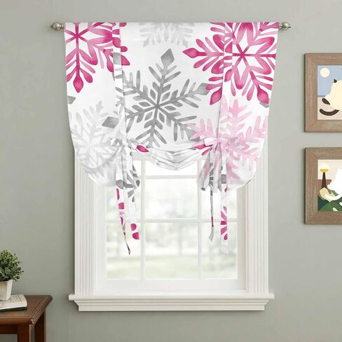 Pink Grey Christmas Snowflakes Tie Up Curtains for Window, Winter Xmas Textured Thermal Insulated Balloon Shade Adjustable Rod Pocket Curtains Valance Panels for Kitchen Bathroom Café 52'' x 45'' in Saudi Arabia