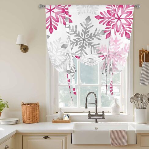 Pink Grey Christmas Snowflakes Tie Up Curtains for Window, Winter Xmas Textured Thermal Insulated Balloon Shade Adjustable Rod Pocket Curtains Valance Panels for Kitchen Bathroom Café 52'' x 45'' in Saudi Arabia