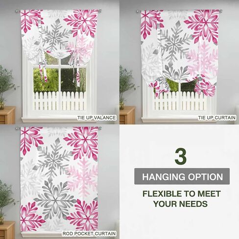 Pink Grey Christmas Snowflakes Tie Up Curtains for Window, Winter Xmas Textured Thermal Insulated Balloon Shade Adjustable Rod Pocket Curtains Valance Panels for Kitchen Bathroom Café 52'' x 45'' in Saudi Arabia