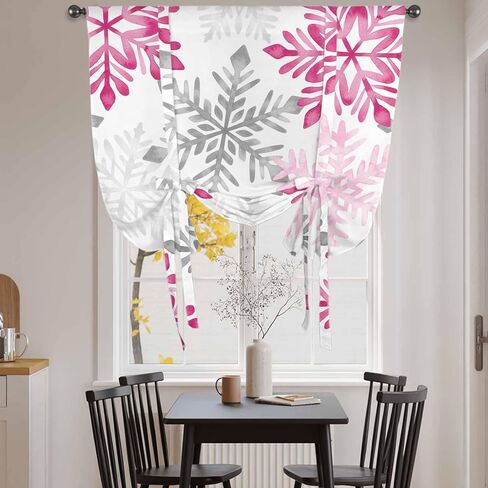 Pink Grey Christmas Snowflakes Tie Up Curtains for Window, Winter Xmas Textured Thermal Insulated Balloon Shade Adjustable Rod Pocket Curtains Valance Panels for Kitchen Bathroom Café 52'' x 45'' in Saudi Arabia