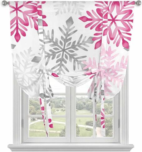 Pink Grey Christmas Snowflakes Tie Up Curtains for Window, Winter Xmas Textured Thermal Insulated Balloon Shade Adjustable Rod Pocket Curtains Valance Panels for Kitchen Bathroom Café 52'' x 45'' in Saudi Arabia