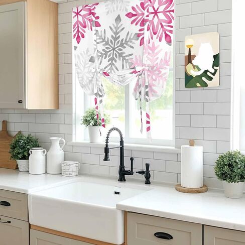 Pink Grey Christmas Snowflakes Tie Up Curtains for Window, Winter Xmas Textured Thermal Insulated Balloon Shade Adjustable Rod Pocket Curtains Valance Panels for Kitchen Bathroom Café 52'' x 45'' in Saudi Arabia