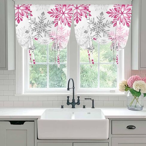 Pink Grey Christmas Snowflakes Tie Up Curtains for Window, Winter Xmas Textured Thermal Insulated Balloon Shade Adjustable Rod Pocket Curtains Valance Panels for Kitchen Bathroom Café 52'' x 45'' in Saudi Arabia