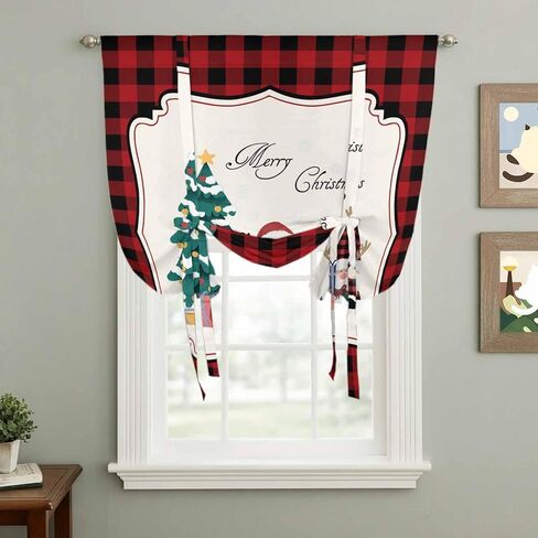 Red Gnomes Christmas Tie Up Curtains for Window, Xmas Tree Gifts Red Black Plaid Thermal Insulated Balloon Shade Adjustable Rod Pocket Curtains Valance Panels for Kitchen Bathroom Café 42'' x 54'' in Saudi Arabia
