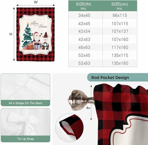 Red Gnomes Christmas Tie Up Curtains for Window, Xmas Tree Gifts Red Black Plaid Thermal Insulated Balloon Shade Adjustable Rod Pocket Curtains Valance Panels for Kitchen Bathroom Café 42'' x 54'' in Saudi Arabia