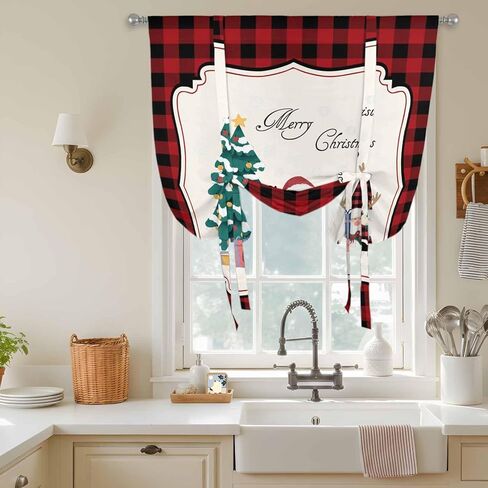 Red Gnomes Christmas Tie Up Curtains for Window, Xmas Tree Gifts Red Black Plaid Thermal Insulated Balloon Shade Adjustable Rod Pocket Curtains Valance Panels for Kitchen Bathroom Café 42'' x 54'' in Saudi Arabia