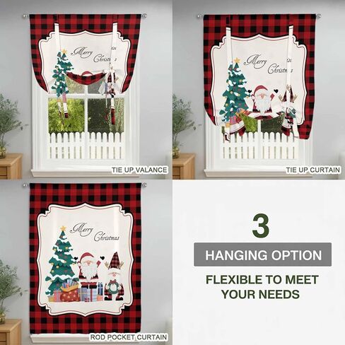 Red Gnomes Christmas Tie Up Curtains for Window, Xmas Tree Gifts Red Black Plaid Thermal Insulated Balloon Shade Adjustable Rod Pocket Curtains Valance Panels for Kitchen Bathroom Café 42'' x 54'' in Saudi Arabia