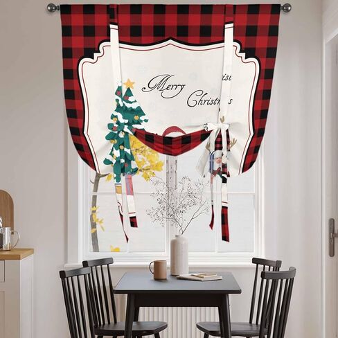 Red Gnomes Christmas Tie Up Curtains for Window, Xmas Tree Gifts Red Black Plaid Thermal Insulated Balloon Shade Adjustable Rod Pocket Curtains Valance Panels for Kitchen Bathroom Café 42'' x 54'' in Saudi Arabia